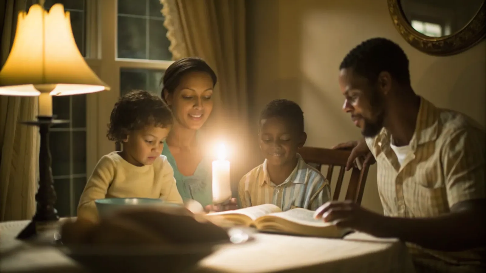 A father and two children lean in close together over a phone and an open Bible at the family dinner table, reading the evening devotion in warm lamplight.