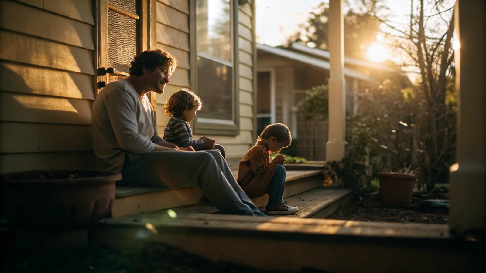A father sitting with his children on the front porch
