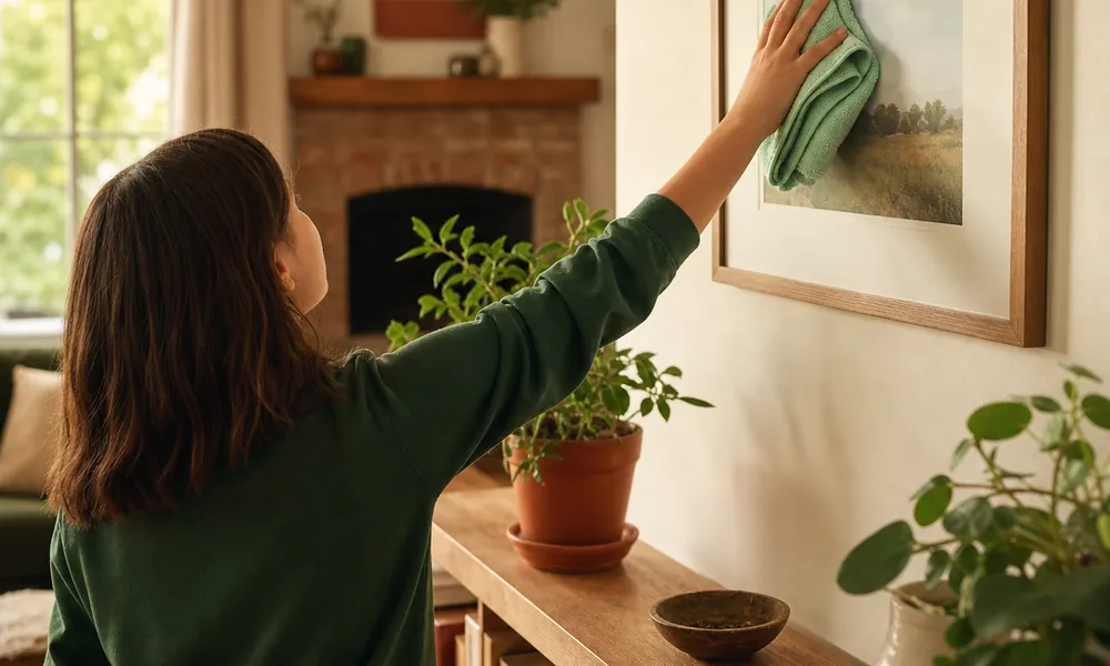 Young teenager dusting a framed picture beside a houseplant