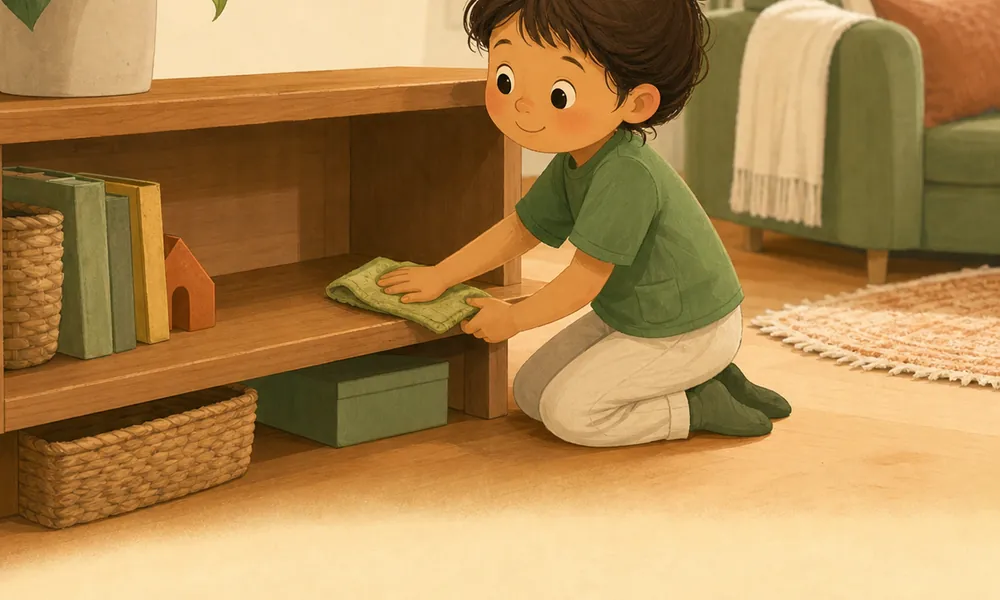 Playful illustrated child dusting a bookshelf