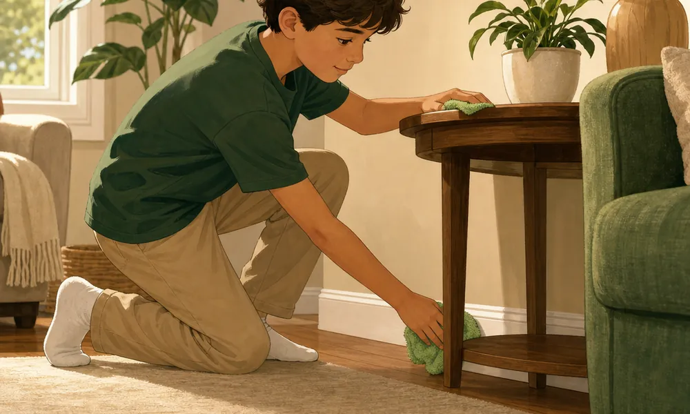 Older child dusting a table in a warm illustrated room