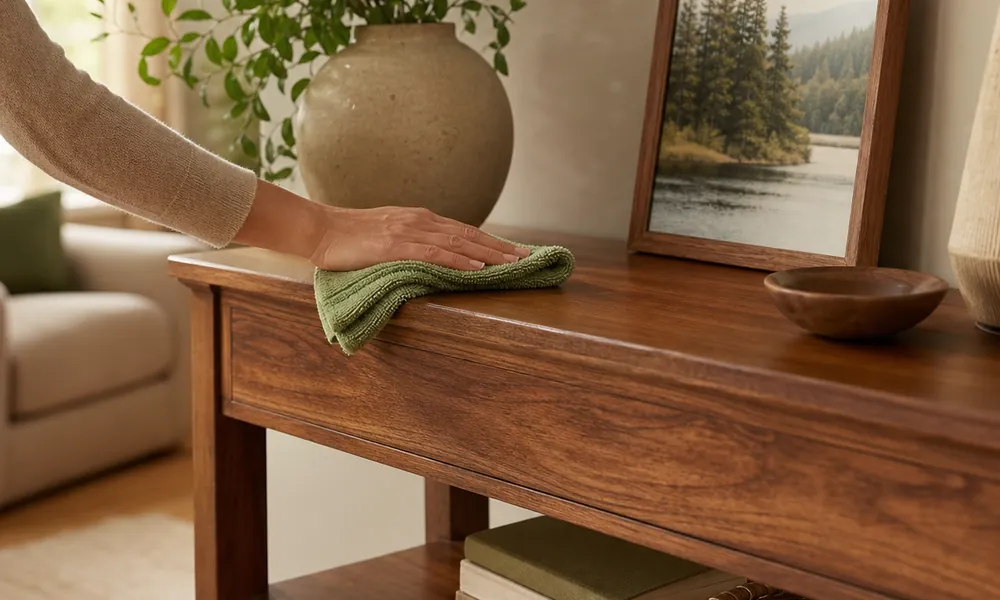 Adult hand dusting a wooden table