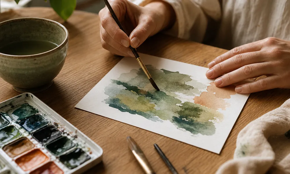 A person creating watercolor artwork at a family table