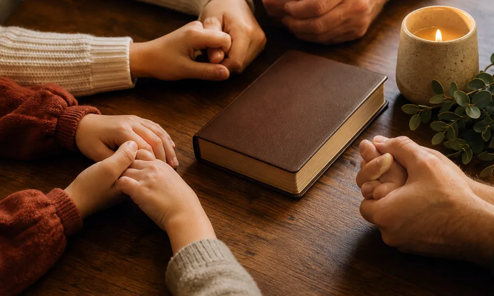 A family praying together around Scripture