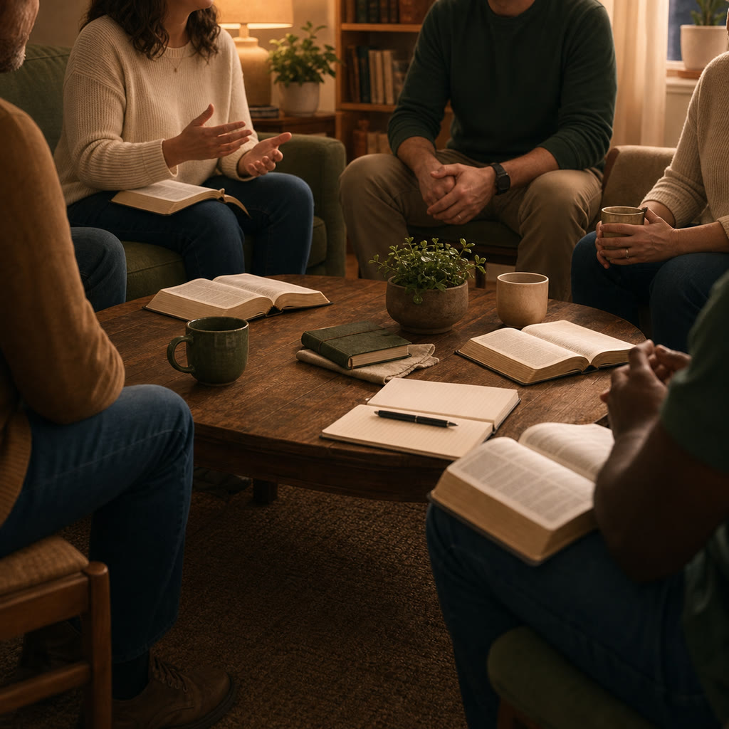 Adults studying the Bible together around a table