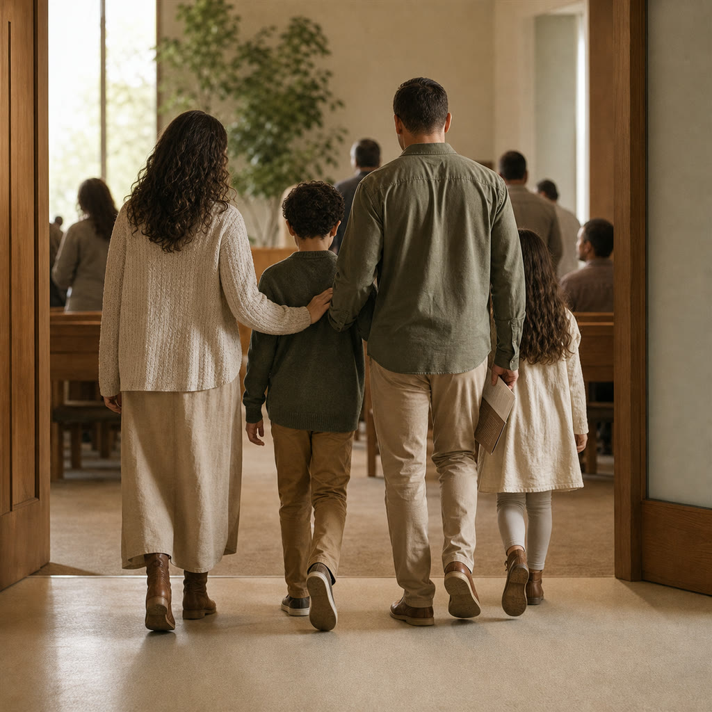 A family walking into church together