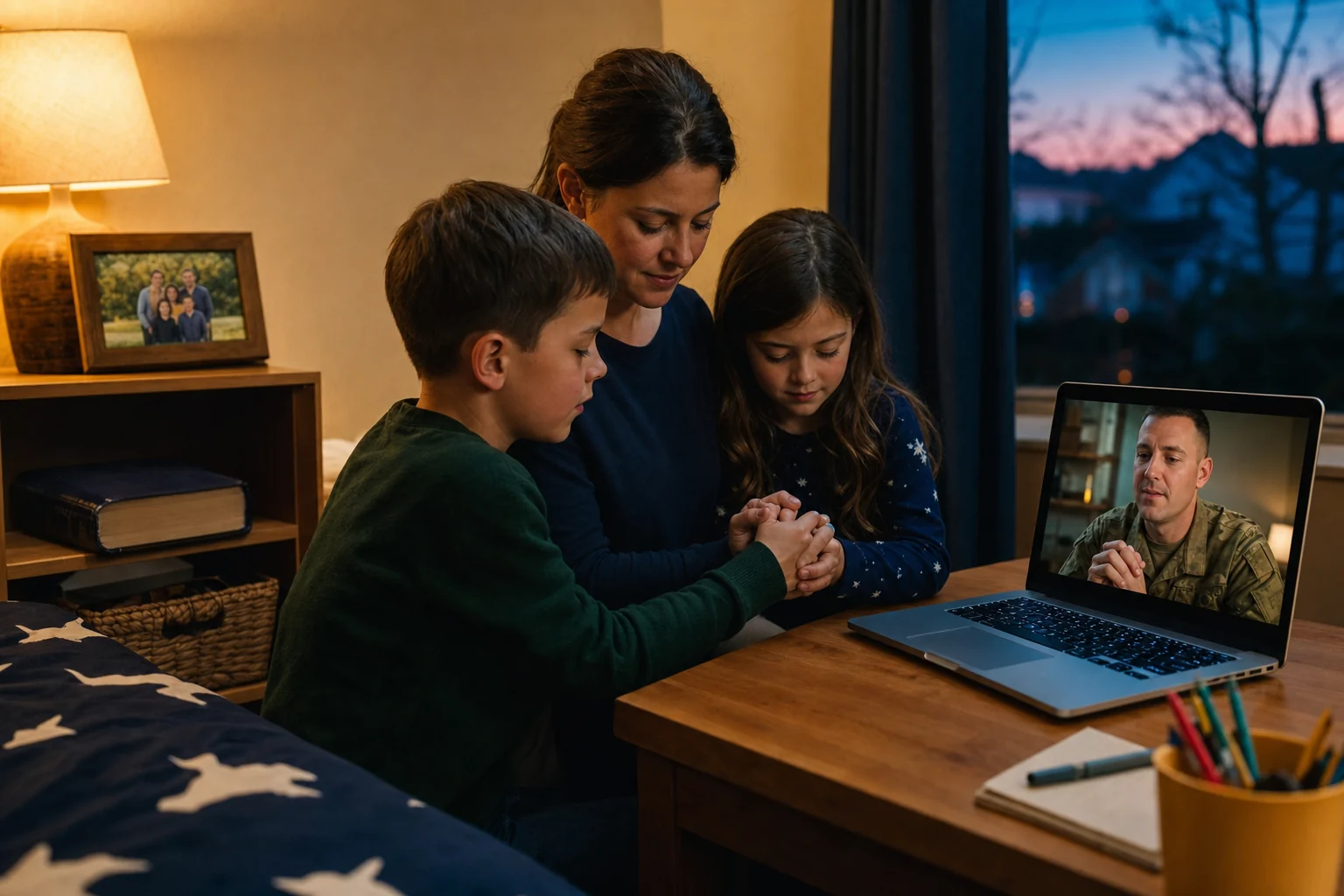 A military family sharing prayer and encouragement while a parent is away