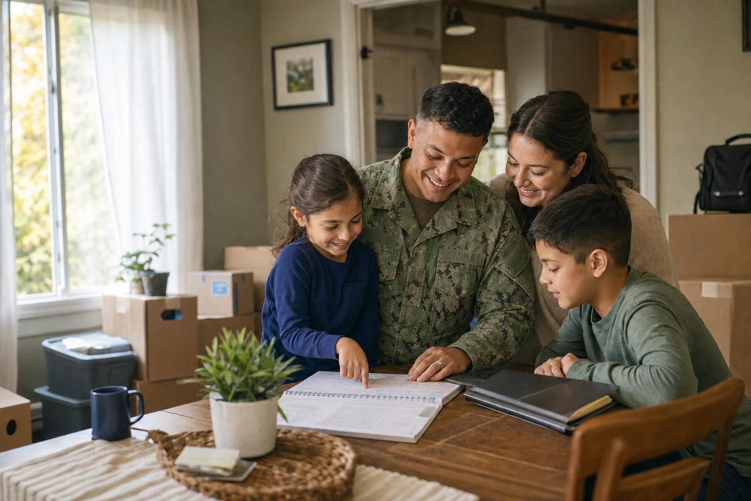 A Navy family planning a move together around the kitchen table