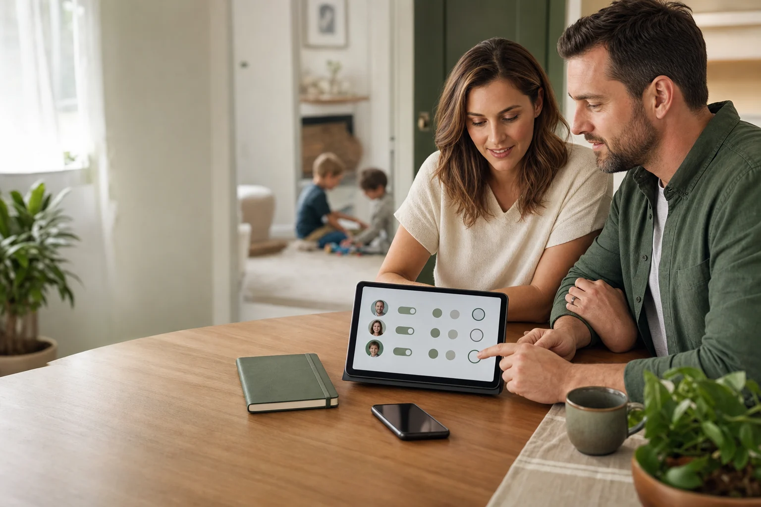 Parents reviewing their family's digital sharing permissions together