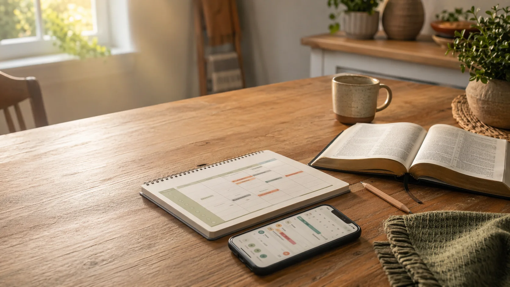 A Bible, family planner, and Shprd mobile view on a kitchen table